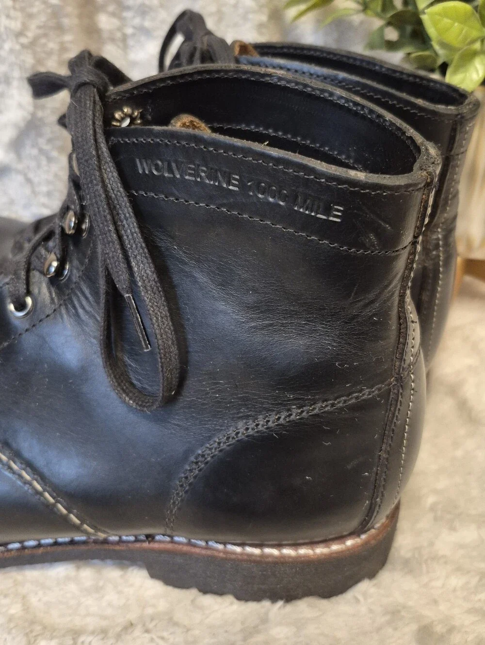 Wolverine 1000 Mile Plain Toe Rugged Boots Black Leather Lace Up Men's Sz 12 EUC